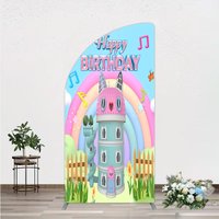 Aperturee Cartoon Cat Castle Arch Backdrop, Rainbow Music Notes Birthday Party Decor, High Resolution Blue Sky Background for Photography
