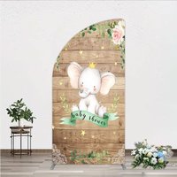Aperturee Baby Shower Half Moon Arch Backdrop with Crown Elephant, Rustic Wood Plank and Pink Floral Roses Girl Baby Shower