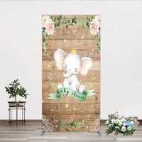 Aperturee Baby Shower Rectangle Backdrop with Crown Elephant, Rustic Wood Plank and Pink Floral Roses Girl Baby Shower