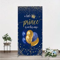 Aperturee A Little Prince is on His Way Rectangle Backdrop, Royal Blue and Gold Balloons, Boy Baby Shower Party Decor, 1.6x4ft (50x120cm)