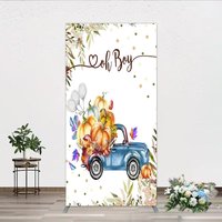 Aperturee Oh Boy Blue Truck Rectangle Backdrop for Baby Shower, Rustic Autumn Pumpkin Theme, Fall Party Photo Booth Decor for Boy, 1.6x4ft (50x120cm