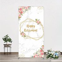Aperturee Happy Retirement Rectangle Backdrop with Pink Floral and Gold Frame, Elegant Marble, Party Photo Booth Decor for Women, 1.6x4ft (50x120cm)