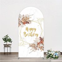 Aperturee Bohemian Happy Birthday Arched Backdrop, Pampas Grass and Dried Flowers, Gold Geometric Frame for Elegant Decor, 1.6x4ft (50x120cm)