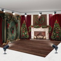 Aperturee Red Curtain Green Wall Christmas Room Set Backdrop, 7X7FT(Left Wall)+10X7FT(Right Wall)+10X7FT(Floor), 247.5 USD, HFHD3H11-R, HFHD3H27-B