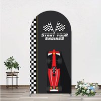 Aperturee Start Your Engines Race Car Arch Backdrop for Baby Shower, Red Car and Checkered Flag, Boy Party Photo Booth, 1.6x4ft (50x120cm)