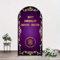 Aperturee Happy Anniversary Corporate Event Arch Backdrop, Elegant Purple and Gold Ornate Frame, Company Party Photo Booth Decor, 1.6x4ft (50x120cm)