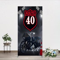 Aperturee Route 40 Biker Birthday Rectangle Backdrop, Motorcycle Theme for 40th Birthday, Man Cave Party Photo Booth Decor, 1.6x4ft (50x120cm)
