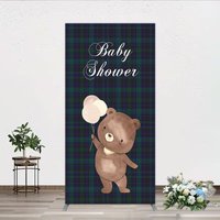 Aperturee Baby Shower Bear with Balloons Rectangle Backdrop, Green and Blue Tartan Plaid Party Cover