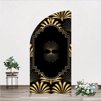 Aperturee Elegant Gold Art Deco Fan Half Moon Arch Backdrop, Luxury Black and Gold Gatsby Style Party Cover