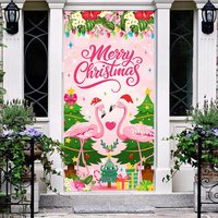 Aperturee Pink Flamingo Floral Merry Christmas Door Cover, 30x80 Inch, 28.48 USD, christmas door covers, LNML151A-A