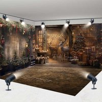 Aperturee Christmas Reindeer Barn Room Set Backdrop, Professional Interior Studio Scene Wood Mat