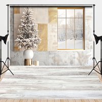 Aperturee Modern Christmas Window and Floor Combo Set Backdrop, Frosted Tree with Snowy View, Holiday Studio Photo Prop, 7 x 5 ft / 7 x 5 ft, 97.4 US
