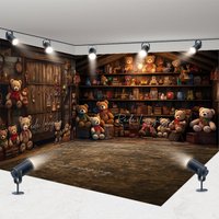 Aperturee Teddy Bear Toy Shop Room Set Backdrop Rustic Wooden Shelf Background for Kids Photography Studio