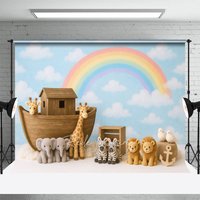Aperturee Cartoon Noahs Ark Rainbow Sky Cake Smash Backdrop, 3X2FT(1MX0.6M), 14 USD, birthday cake smash backdrops, LRHD8K68-M
