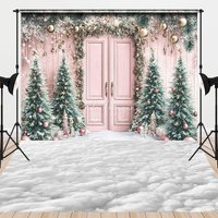 Aperturee Whimsical Pink Christmas Door Combo Set Backdrop, Snowy Scene with Pink Trees, Holiday Photo with Cloud Floor, 7 x 5 ft / 7 x 5 ft