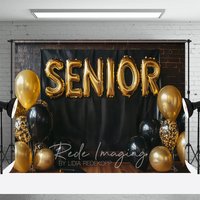 Aperturee Senior Gold Balloon Graduation Photography Backdrop, Black Brick Wall and Confetti Balloons Background