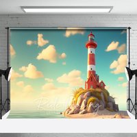 Aperturee Red and White Lighthouse Summer Photography Backdrop, Ocean Rocks and Clouds Studio Background
