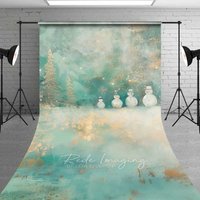 Aperturee Whimsical Snowman Sweep Backdrop, Artistic Teal Gold Glitter Trees Painted Winter Floor Photo Background, Art Studio
