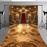 Aperturee Grand Palace Christmas Sweep Backdrop, Red Carpet Staircase Gold Mansion Floor Photo Background, Interior Architecture