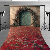 Aperturee Vintage Red Rug Christmas Sweep Backdrop, Berry Garland Arch Grunge Wall Floor Photo Background, Fine Art Prop