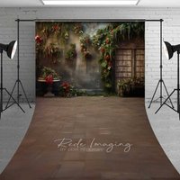 Aperturee Vintage Floral Grunge Sweep Backdrop, Hanging Greenery Red Berries Old Window Floor Photo Background, Artistic Portrait