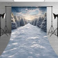 Aperturee Winter Forest Path Sweep Backdrop, Snowy Pine Trees Sunset Sky Nature Floor Photo Background, Landscape Prop