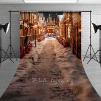 Aperturee Old Town Christmas Village Sweep Backdrop, Snowy Street Lit Houses Night Scenery Photo Background, Cinematic Set