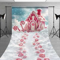 Aperturee Red Gingerbread House Sweep Backdrop, Candy Cane Lane Peppermint Path Snow Floor Photo Background, Creative Set