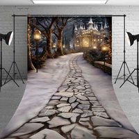 Aperturee Magical Winter Castle Sweep Backdrop, Stone Path Street Lamps Fantasy Night Floor Photo Background, Cosplay Background