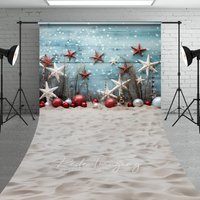 Aperturee Beach Christmas Sweep Backdrop Starfish Ornament Sand Photography Background Tropical Blue Wood Summer Holiday Party Decoration