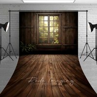 Aperturee Rustic Cabin Window Sweep Photography Backdrop with Wood Floor, Forest Sunlight View, Moody Woodland Studio Photo Prop, 5x7ft (WxH)