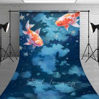 Aperturee Dreamy Koi Fish Sweep Photography Backdrop with Floor, Goldfish in a Starry Night Sky, Fine Art Japanese Style Prop, 5x7ft (WxH)