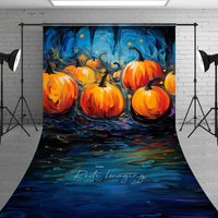 Aperturee Abstract Pumpkin Patch Oil Painting Sweep Backdrop with Floor, Moody Blue and Orange Halloween Photography Prop, 5x7ft (WxH)