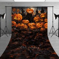 Aperturee Spooky Jack O' Lantern Forest Sweep Photography Backdrop with Floor, Evil Carved Pumpkins, Haunted Halloween Photo Prop, 5x7ft (WxH), 42 USD