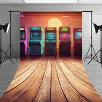 Aperturee Neon Arcade Game Room Sweep Photography Backdrop, Retro Gaming Center Studio Photography Background
