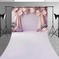 Aperturee Pink Bow Floral Wedding Sweep Photography Backdrop, Elegant Event Decoration Studio Background