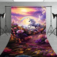 Aperturee Magical Unicorn Sweep Photo Backdrop for Cake Smash, Rainbow and Sunset, Enchanted Floral Meadow Photo Prop