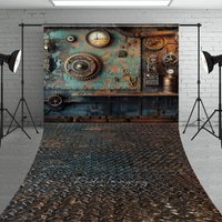 Aperturee Steampunk Wall Sweep Photo Backdrop, Vintage Industrial Gears and Gauges, Grunge Mechanical Studio Photo Prop