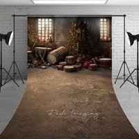 Aperturee Vintage Christmas Toy Room Sweep Photo Backdrop, Rustic Workshop with Drums and Gifts, Holiday Studio Photo Prop, 5x7ft (WxH), 42 USD, swe