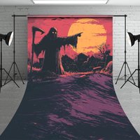 Aperturee Grim Reaper in Graveyard Sweep Backdrop, Comic Art Full Moon Scene, Spooky Halloween Photo Shoots, 5x7ft (WxH), 42 USD, sweep backdrops, L