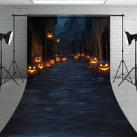 Aperturee Spooky Jack-o'-lantern Alley Sweep Backdrop, Dark Cobblestone Street, Haunted Village Halloween Photos, 5x7ft (WxH), 42 USD, sweep backdro