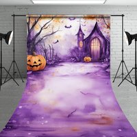 Aperturee Watercolor Halloween Sweep Backdrop, Purple Spooky Church and Pumpkins, Whimsical Haunted Forest Scene, 5x7ft (WxH), 42 USD, sweep backdro