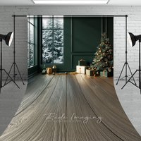 Aperturee Modern Christmas Room Sweep Backdrop, Dark Green Wall with Snowy Window, Holiday Mini Session Floor Drop, 5x7ft (WxH)