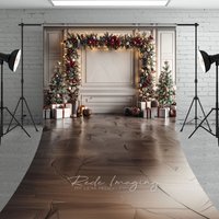 Aperturee Elegant Christmas Garland Arch Sweep Backdrop, White Wall with Parquet Floor, Holiday Mini Session Floor Drop, 5x7ft (WxH)