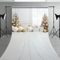 Aperturee White and Gold Christmas Room Sweep Backdrop, All White Elegant Trees, Modern Holiday Photo Studio Floor Drop, 5x7ft (WxH)