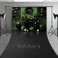Aperturee Green and Black Monochromatic Halloween Sweep Backdrop, Elegant Fireplace with Pumpkins, Moody Photo Floor Drop, 5x7ft (WxH)