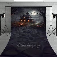 Aperturee Spooky Haunted House Sweep Backdrop, Full Moon and Bats on a Dark Night, Halloween Photo Studio Floor Drop, 5x7ft (WxH)