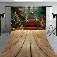 Aperturee Elegant Christmas Grand Staircase Sweep Backdrop, Red and Gold Garland, Holiday Ballroom Photo Studio Floor Drop, 5x7ft (WxH)