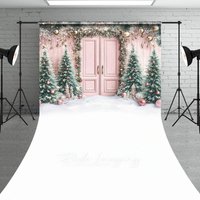 Aperturee Pink Christmas Door Sweep Backdrop, Flocked Trees with Rose Gold Ornaments, Whimsical Holiday Photo Floor Drop, 5x7ft (WxH)