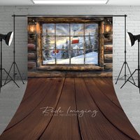 Aperturee Ski Lodge Cabin Window Sweep Backdrop, Snowy Mountain and Ski Lift View, Rustic Winter Holiday Floor Drop, 5x7ft (WxH)